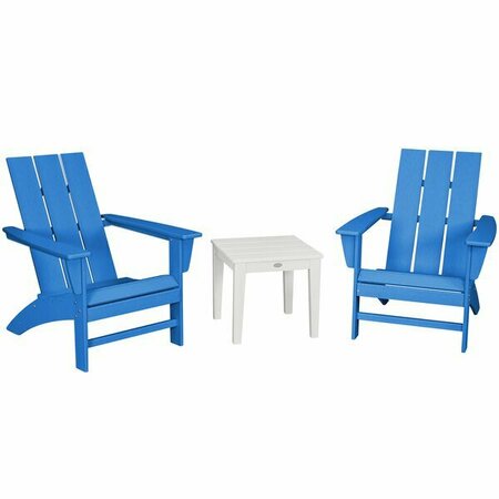 POLYWOOD Modern Pacific Blue / White 3-Piece Adirondack Chair Set with Newport Table 633PWS502045